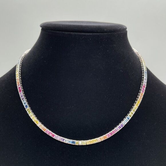 Splendere Sterling Silver & Cubic Zirconia Rainbow Collar Necklace NWT - Picture 1 of 3